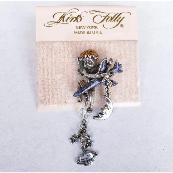 NEW Kirks Folly Cherub Airplane Crescent Moon Planet Star Dangles Brooch 2" - Picture 1 of 6